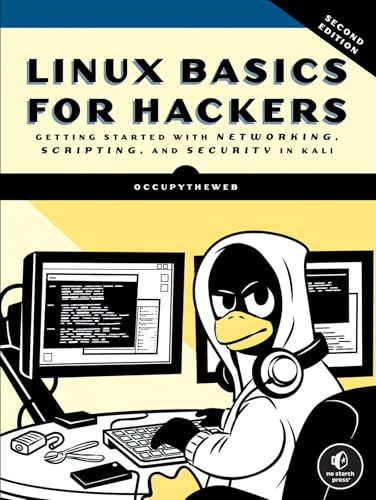 Book cover for Linux Basics for Hackers featuring a cartoon penguin at a computer.