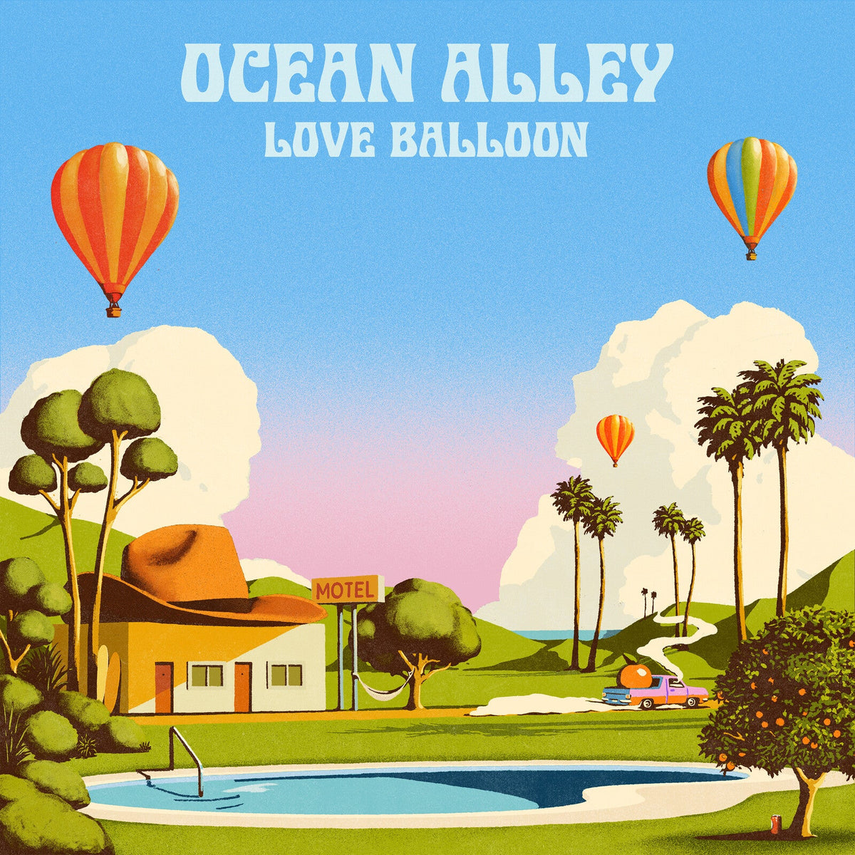 Album cover for Ocean Alley’s “Love Balloon” featuring hot air balloons and a motel.