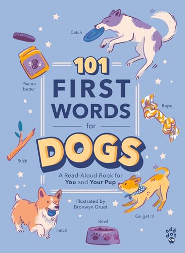 Book cover with illustrated dogs and dog-related objects, titled "101 First Words for Dogs.