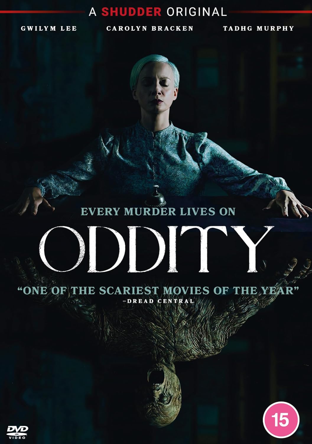 DVD cover for the horror film Oddity featuring a woman and a grotesque figure.