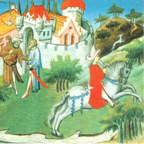 Medieval illustration of figures with a castle and mounted knight.