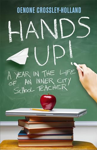 Book cover with chalk writing, apple, and stack of books.