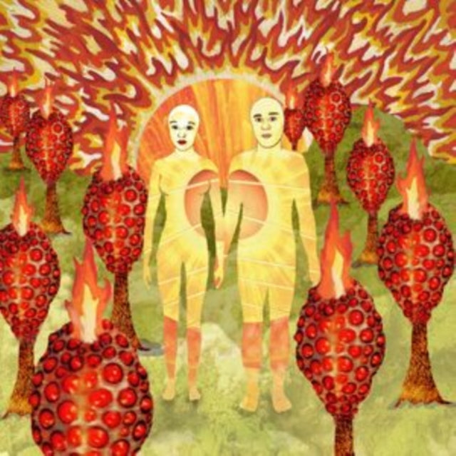 Surreal album cover with pale figures and fiery, bulbous plants.