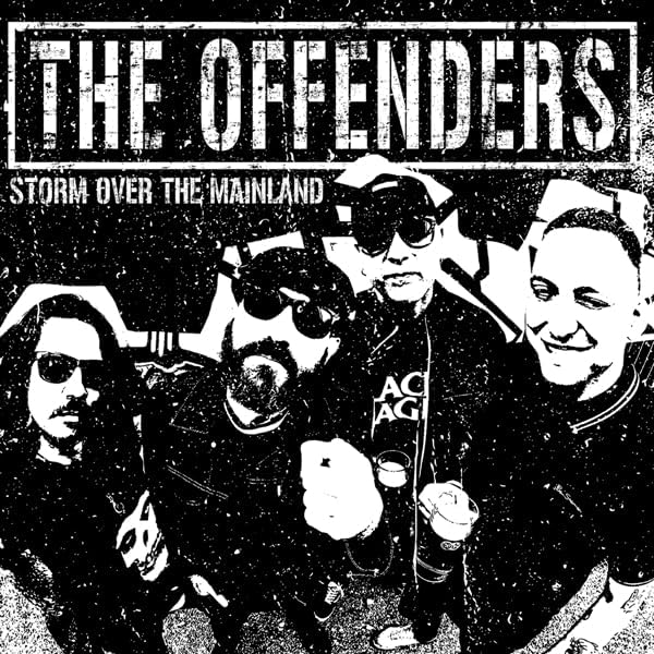 Black and white photo of four men in sunglasses, album cover.
