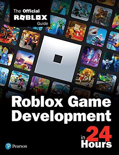Book cover for "Roblox Game Development in 24 Hours" with Roblox screenshots.