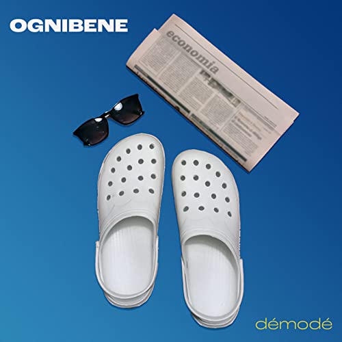 CD cover with white Crocs, sunglasses, and a newspaper on blue.