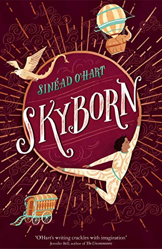 Book cover: “Skyborn” with a boy, hot air balloon, and bird illustration.