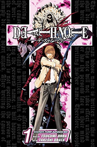 “Death Note” Volume 1 cover with Light Yagami and Ryuk, manga style.