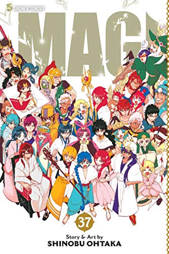 Magi Volume 37 manga cover featuring a large group of colorful characters.
