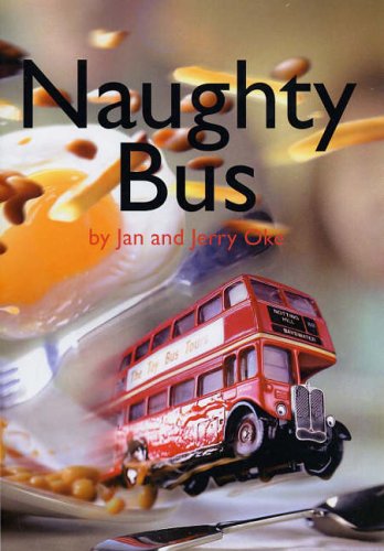A red toy double-decker bus flying over a plate of fried eggs and beans.