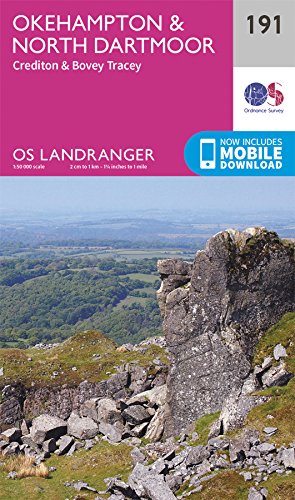 Ordnance Survey Landranger map 191 for Okehampton and North Dartmoor featuring a rocky landscape.