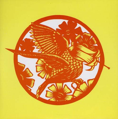 A red and yellow illustration of a bird among flowers inside a circle.