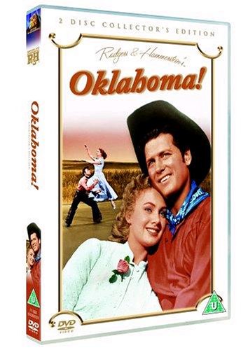 DVD cover for the 1955 musical film "Oklahoma!" featuring actors.