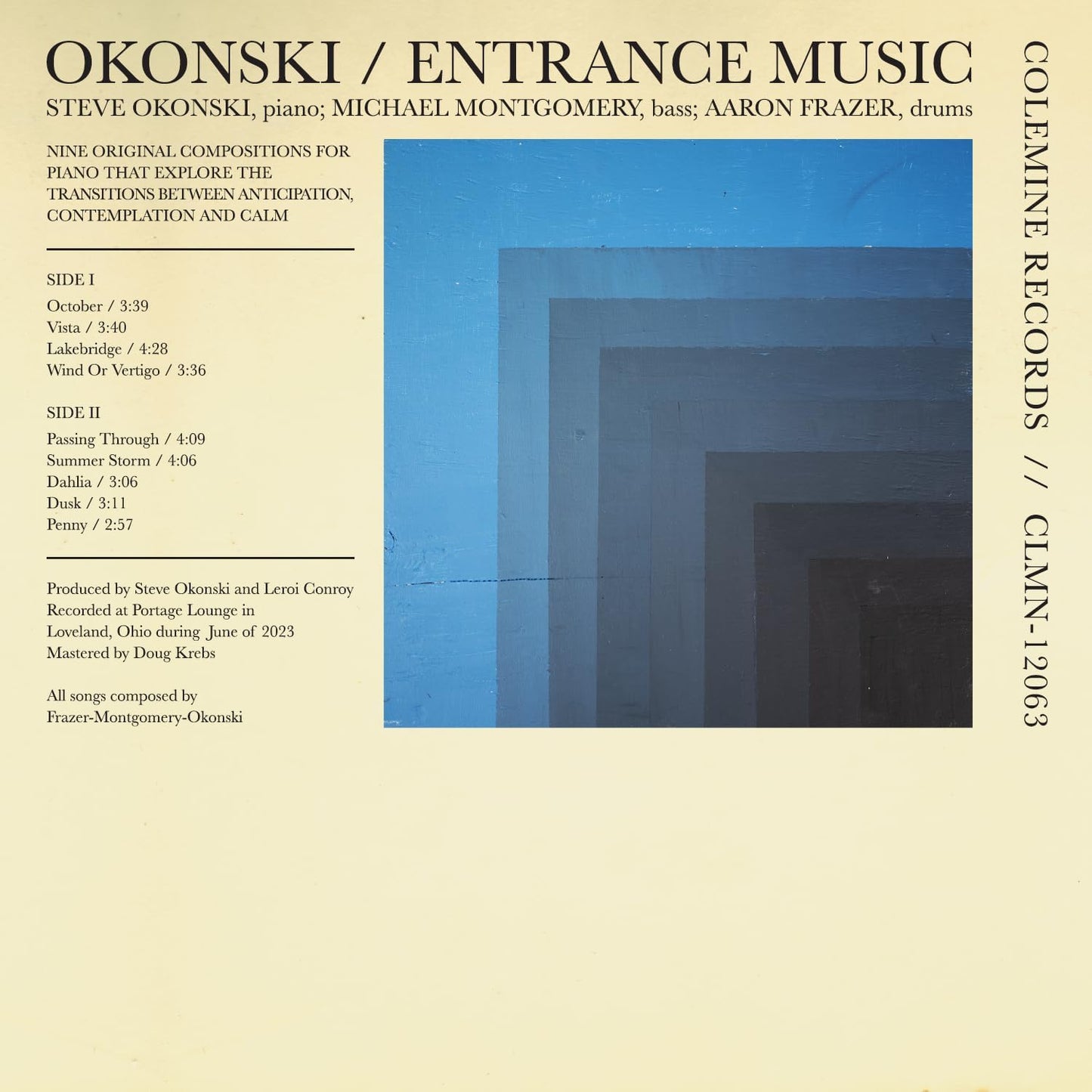 CD cover for Okonski’s “Entrance Music” with abstract blue and purple squares.