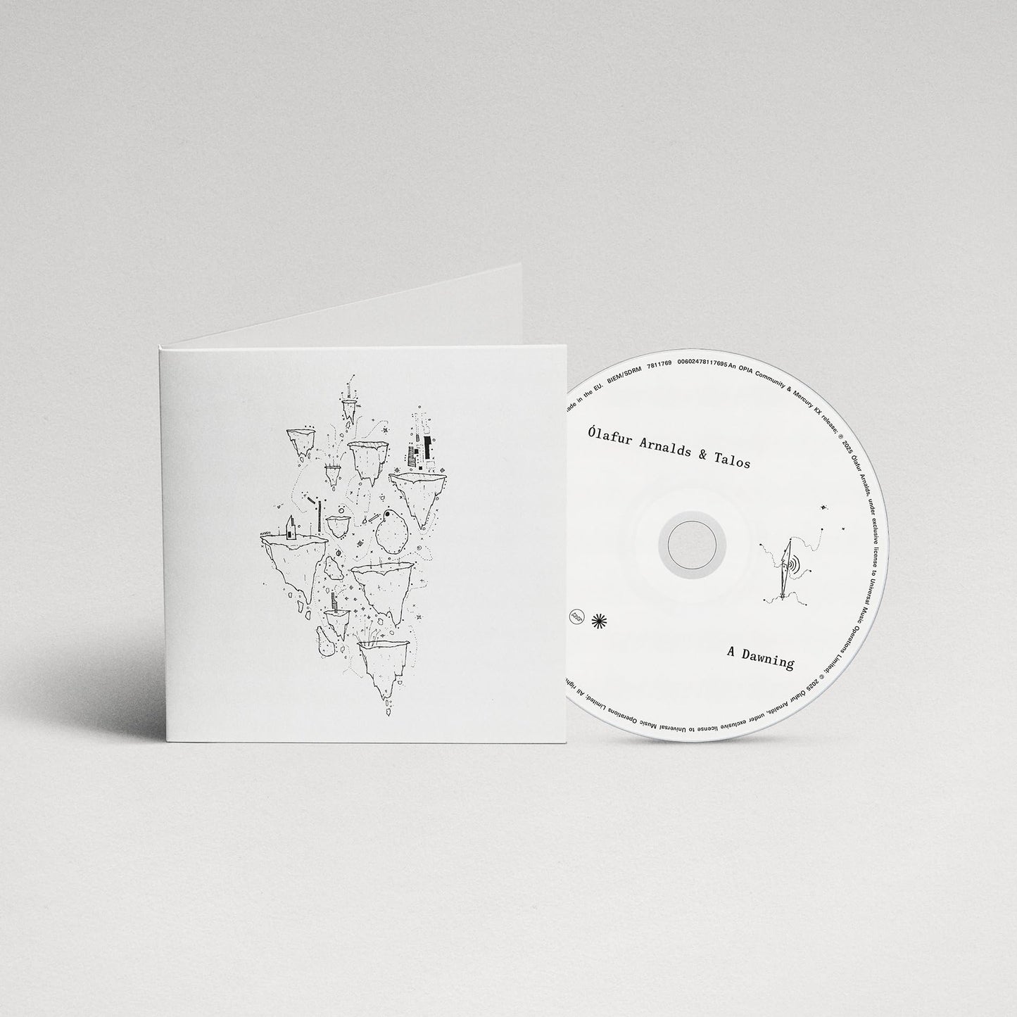 CD case for Ólafur Arnalds’ “A Dawning” with sketched island artwork.