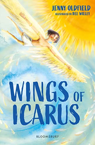 Book cover: Icarus flying towards a bright sun, watercolor style.