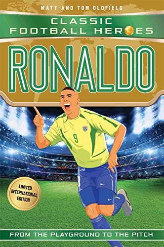 Book cover featuring footballer Ronaldo in Brazil’s yellow jersey, celebrating.