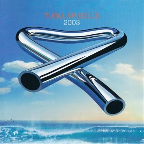 Album cover for Mike Oldfield’s “Tubular Bells 2003” featuring chrome tubes and sky.