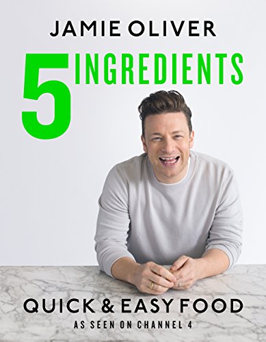 Jamie Oliver’s “5 Ingredients” cookbook cover with his portrait.