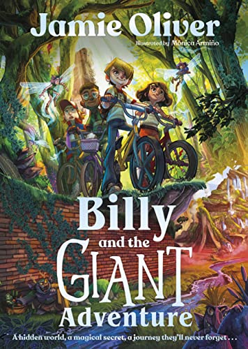 Children on bicycles explore a lush, fantastical forest scene.
