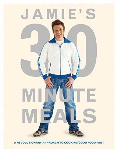 "Book cover featuring Jamie Oliver in a white and blue jacket, jeans, and sneakers."
