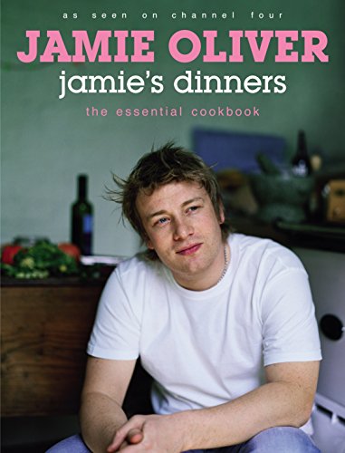 Cookbook cover featuring Jamie Oliver, with food and kitchen background.