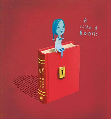 Red book cover with a blue-haired child sitting on top.