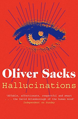 Book cover: red background with a blue eye and text "Hallucinations" by Oliver Sacks.