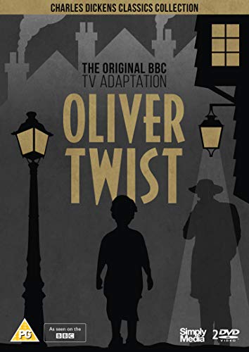 DVD cover for Oliver Twist featuring silhouettes of a boy and man on street.