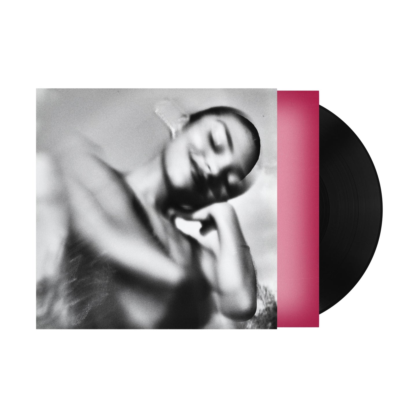 Black and white portrait of Olivia Dean on a vinyl record sleeve with pink accent.