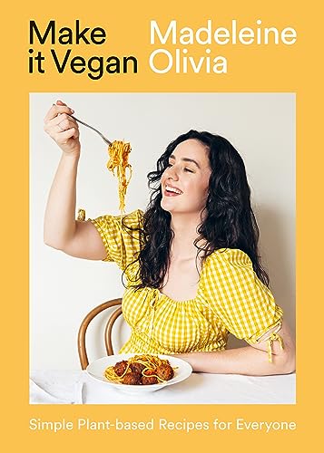 Cookbook cover featuring a woman with pasta, titled “Make it Vegan.”