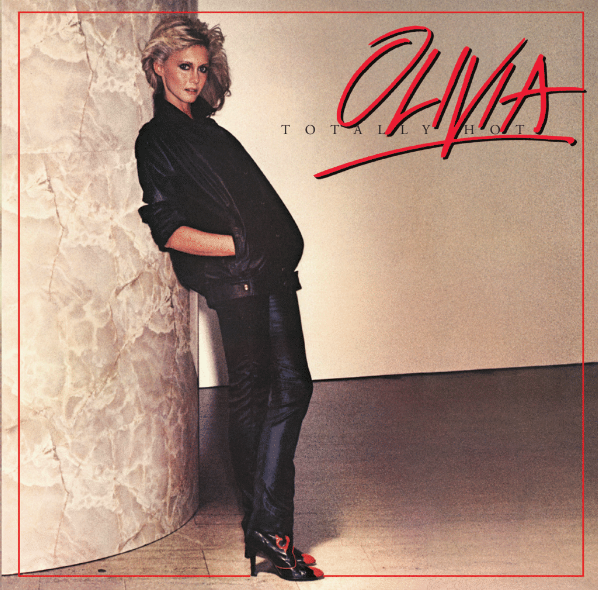 Olivia Newton-John album cover, “Totally Hot”, featuring her in black leather.