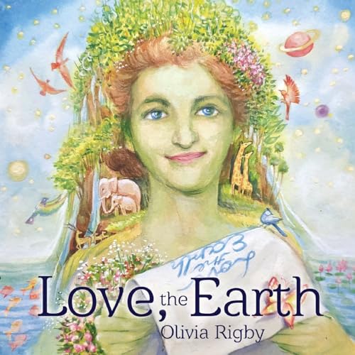 Woman’s face emerging from lush greenery with animals and planets.
