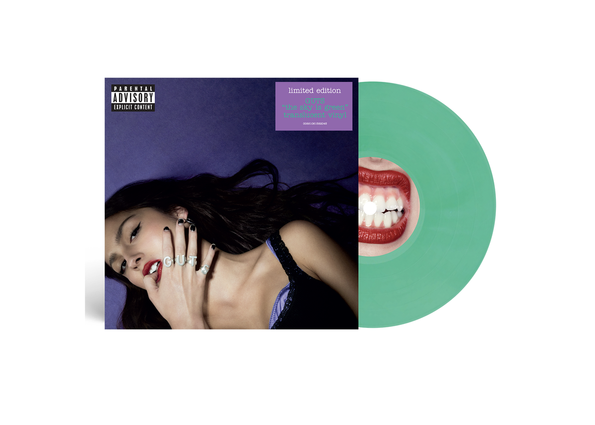 Olivia Rodrigo's "GUTS" vinyl album cover and a green vinyl record.