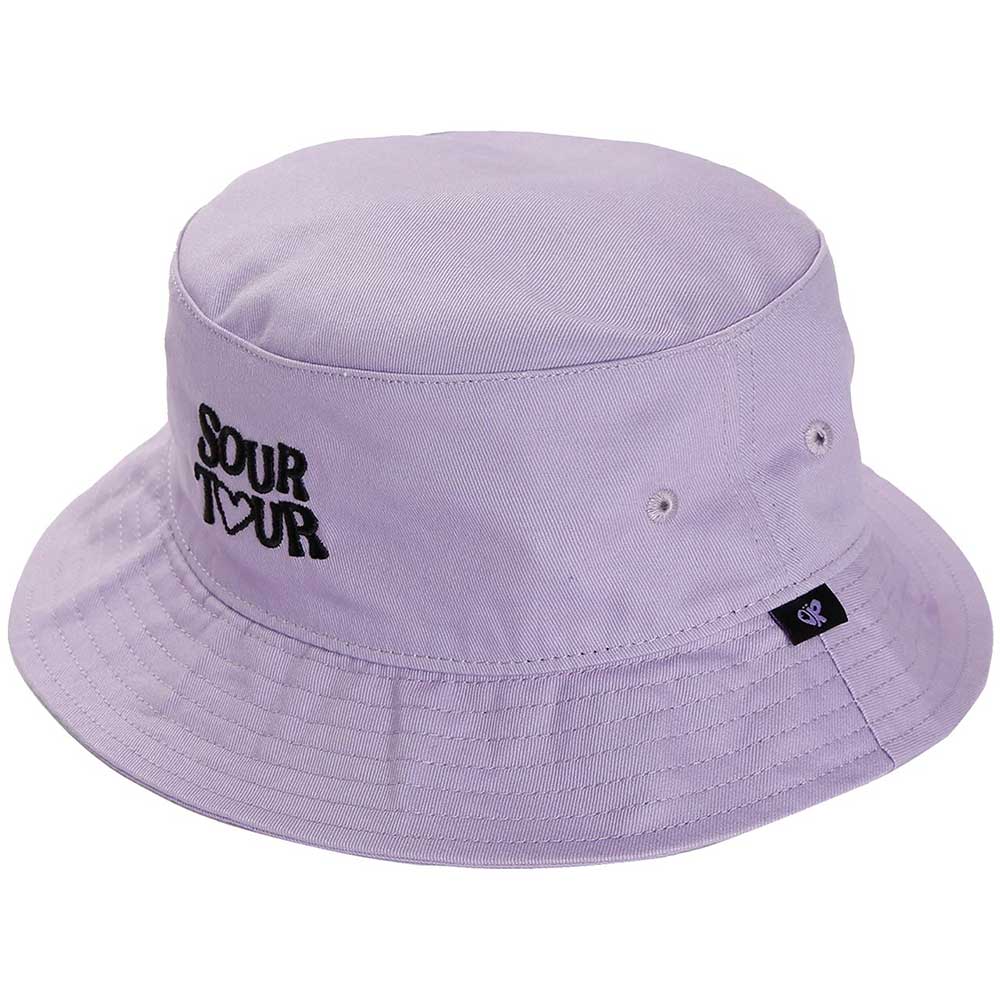 Pink bucket hat with "Sour Tour" logo, likely cotton, unisex style.