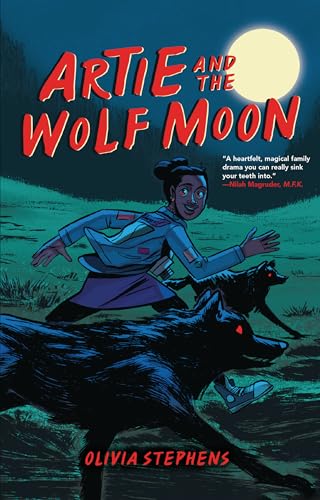 Girl running with a large black dog under a bright full moon.