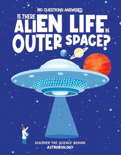 Book cover depicting a UFO, planets, and a scientist looking up.