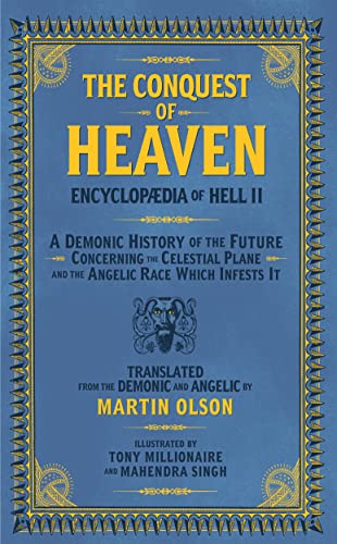 Book cover: “The Conquest of Heaven,” ornate gold frame, blue background.