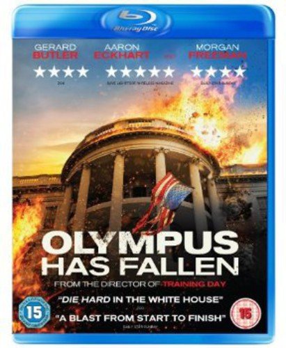 Blu-ray cover for "Olympus Has Fallen" showing a burning White House.