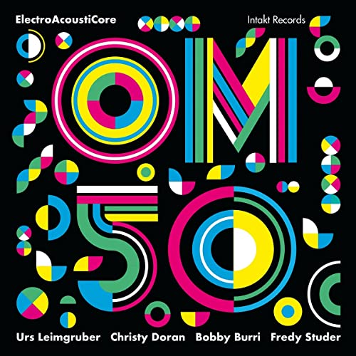 CD cover for "Om - 50" featuring colorful geometric shapes and text.