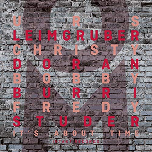 "Album cover with 'It's About Time' text on a brick wall background."