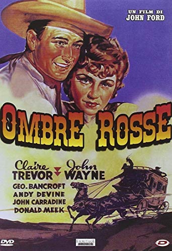 Vintage movie poster for "Ombre Rosse" featuring John Wayne and Claire Trevor.