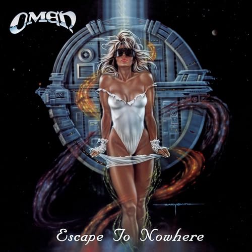 Album cover for Omen’s “Escape To Nowhere” featuring a woman in a sci-fi setting.