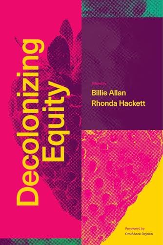 Book cover: "Decolonizing Equity" with strawberry and halftone patterns.