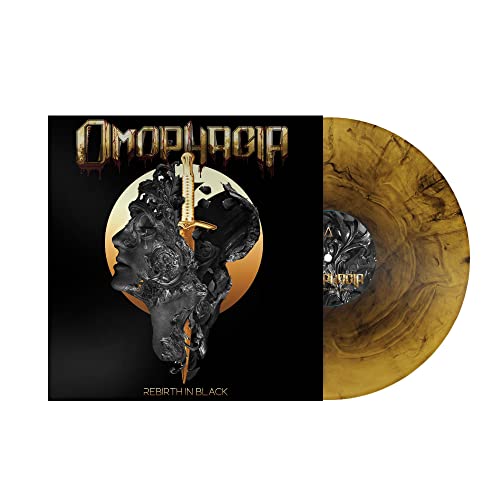 Omophagia Rebirth in Black album cover with a marbled gold and black vinyl record.
