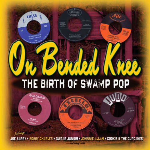 "Album cover with 'On Bended Knee' in yellow, surrounded by vinyl records."