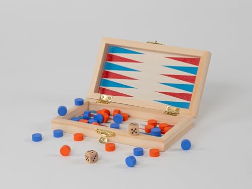 Open wooden backgammon set with red and blue game pieces and dice.
