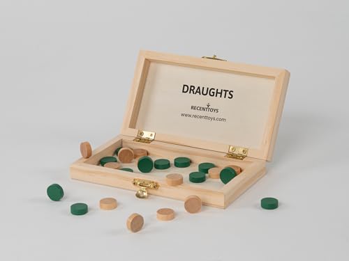 Wooden box open, revealing green and tan draughts pieces scattered around.