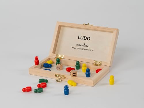 Wooden Ludo game set open with colorful pieces and dice inside.