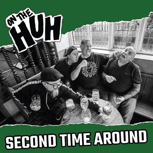 Black and white album cover featuring four men in a pub setting.